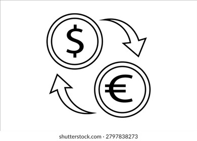 The image shows two circular coins: one featuring a dollar sign ($) positioned on the upper left, and another featuring a euro sign (€) positioned on the lower right.
