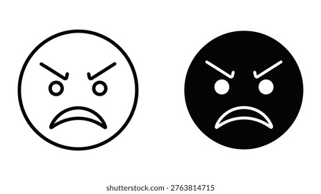 The image shows two circular emoji-style faces expressing anger. The face on the left is in a white background with black lines, while the face on the right is in a black background with white lines. Both faces have furrowed brows, downturned mouths, and wide eyes, emphasizing an intense angry expression. The contrast between the two styles highlights the visual impact of color and background on emotion representation.