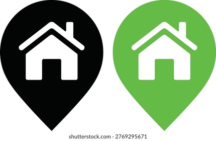 The image shows two circular locator pin icons side by side. The left pin is black with a white house symbol, while the right pin is green with the same white house symbol, suggesting a contrast between traditional and environmentally friendly housing options. The green pin might symbolize eco-friendly or sustainable living spaces.