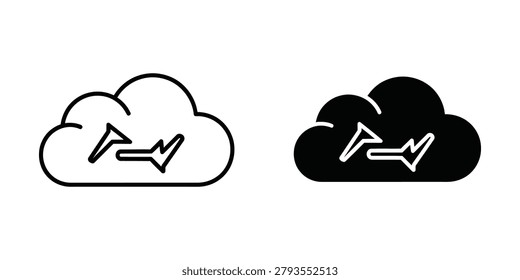 The image shows two cloud icons side by side, each containing a symbol of an arrow pointing right and a play button. The cloud on the left is white with a black outline and internal symbols, while the cloud on the right is black with white internal symbols, highlighting a contrast between two different visual styles for cloud services or storage concepts.