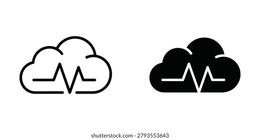 The image shows two cloud icons, each containing an ECG heartbeat line graphic inside. The left icon is outlined with a thin line and empty inside, while the right icon is filled with solid black color and has a white ECG heartbeat line. This illustrates the difference between an empty and a filled cloud icon design, often used to represent cloud storage or cloud-based services in various applications and user interfaces.