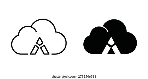 The image shows two cloud storage icons side by side. The icon on the left features a white cloud outline with a white, abstract symbol resembling a stylized 'A' inside it. The icon on the right displays a solid black cloud with a black, similarly abstract 'A' symbol, set against a white background. These icons likely represent different versions or styles of a cloud storage service or application branding.