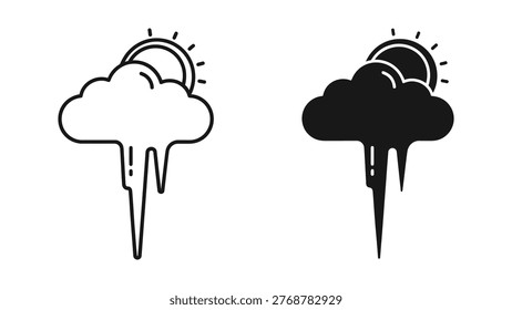 The image shows two contrasting weather symbols side by side. On the left, a white cloud with a sun peeking out from behind it, indicating sunny weather. On the right, a dark, thick cloud with rain falling from it and the sun partially obscured, symbolizing stormy or rainy weather. Both depictions include sun rays emanating from behind the clouds.