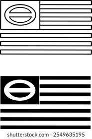 The image shows two designs of ecology flags in black and white: one with a solid theta symbol in a black square and bold horizontal stripes, the other with an outlined theta and thin stripe