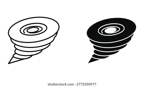 The image shows two different depictions of screws viewed from an angled perspective. The screw on the left is illustrated with an outline and internal spiral pattern, while the one on the right is filled in with black shading, giving it a solid appearance. Both screws have a pointed tip and visible threading.