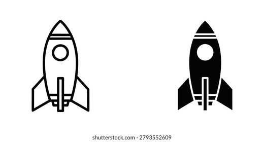 The image shows two different representations of a rocket ship. The left side features a white outline rocket with a pointed nose cone, circular cockpit, and four stabilizing fins. The right side displays the same rocket design filled in with solid black color, maintaining the same structural details and proportions as the outlined version. Both rockets are depicted in a minimalist line art style, side by side for comparison.