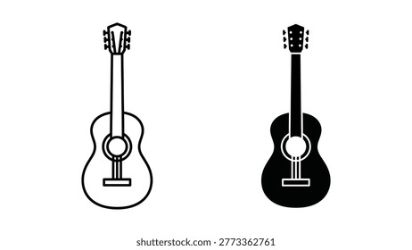 The image shows two different silhouettes of acoustic guitars side by side. On the left is a traditional hollow-bodied guitar with visible internal bracing, and on the right is a solid-body guitar with a filled body, both featuring six strings and a sound hole. The guitars are illustrated in black and white line art.
