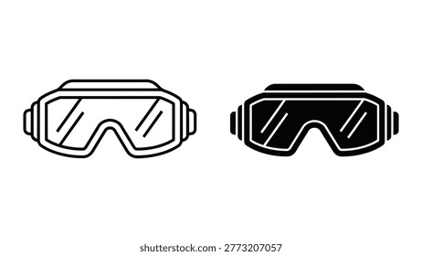 The image shows two different styles of virtual reality goggles. The goggles on the left have transparent lenses with a grid overlay, while the ones on the right have solid black lenses with a similar grid overlay pattern. Both designs are depicted in a minimalist, outline style.