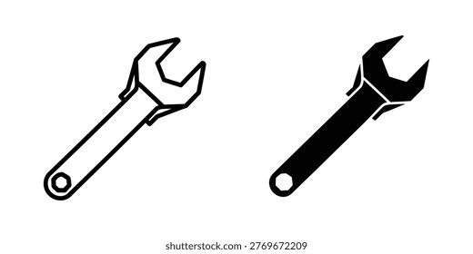 The image shows two different types of wrenches in a minimalist black and white line art style. The wrench on the left has a thin handle and an open-end design, while the wrench on the right has a thicker handle and a box-end design. Both wrenches are facing slightly different directions, emphasizing their structural differences.