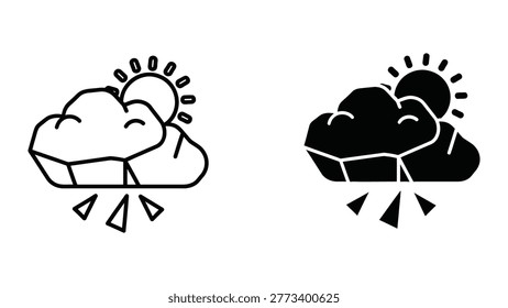 The image shows two different weather symbols. On the left, a partially cloudy sky with sunshine breaking through and a subtle lightning bolt at the bottom, indicating a mix of sun and potential storm. On the right, a darker, denser cloud with a sun partially visible behind it, accompanied by a more prominent lightning bolt, suggesting an impending thunderstorm or stormy weather.
