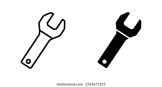 The image shows two different wrenches side by side. The wrench on the left is illustrated in a thin, outline style with no fill, while the wrench on the right is filled in solid black. Both wrenches have a similar design, featuring an open-end head and a looped handle with a small hole for attachment. The image uses a stark contrast between the two styles to highlight the tools' shapes and details.