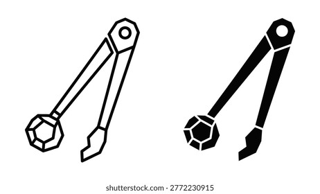 The image shows two different wrenches side by side. On the left, there is a combination of a hexagonal socket wrench and an open-end wrench, both in a simple line drawing style. On the right, the same wrenches are depicted in a bold, filled style with high contrast, emphasizing their structural details and mechanical design. The wrenches appear to be designed for use in mechanical and automotive applications, highlighting their functional shapes and sizes.