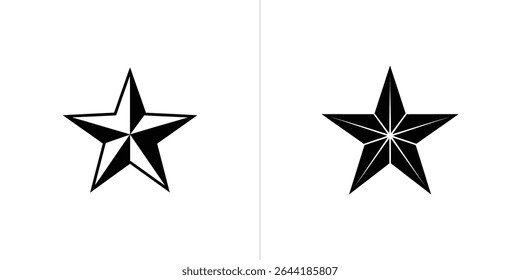 The image shows two distinct black five-pointed stars, each with a unique design, presented against a clean white backdrop bisected by a subtle vertical line.
