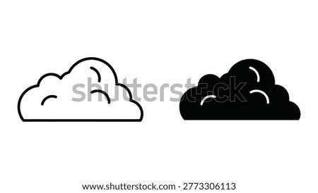 The image shows two distinct cloud illustrations side by side. The cloud on the left is white with light outlines, representing fair weather cumulus clouds. The cloud on the right is dark and filled in, symbolizing a storm cloud or cumulonimbus, indicating impending rain or a storm.