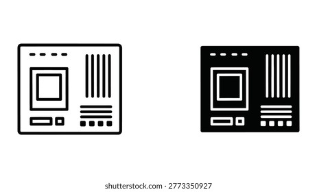 The image shows two distinct motherboard designs side by side. Both depict a simplified layout with key components such as the CPU socket, RAM slots, and expansion slots like PCIe. The left design uses a light background with dark outlines, while the right design uses a dark background with light outlines, emphasizing the same structural elements. These visuals highlight the physical layout and connectivity options of typical motherboards used in computers.