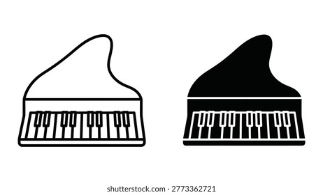 The image shows two distinct types of pianos side by side. On the left is a grand piano, characterized by its horizontal body and curved lid. On the right is an upright piano, identifiable by its vertical structure and similarly shaped lid. Both pianos have their keyboards exposed, displaying the arrangement of black and white keys commonly found on pianos.