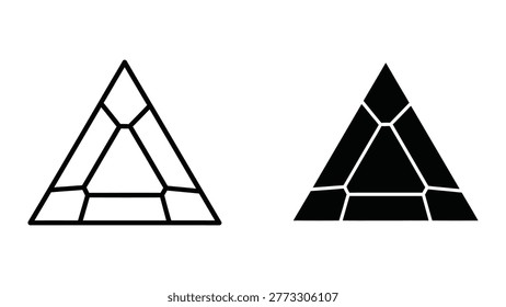 The image shows two equilateral triangles, each subdivided into four smaller congruent triangles. The left triangle is outlined in black on a white background, while the right triangle is filled entirely in black with white outlines for the subdivisions.