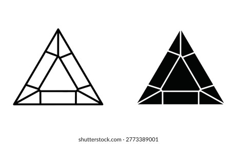 The image shows two equilateral triangles side by side. The triangle on the left is subdivided into smaller congruent triangles and rectangles, while the triangle on the right is similarly subdivided but filled with alternating black and white sections, creating a visually striking contrast.