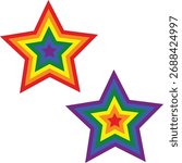 The image shows two five-pointed stars, each composed of nested, concentric star shapes. Each nested layer is colored with the rainbow sequence (red, orange, yellow, green, blue, purple). The top star