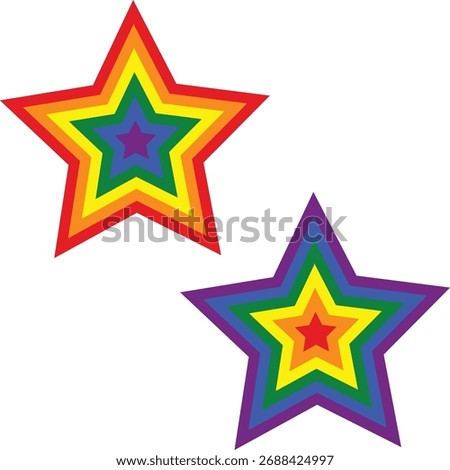 The image shows two five-pointed stars, each composed of nested, concentric star shapes. Each nested layer is colored with the rainbow sequence (red, orange, yellow, green, blue, purple). The top star