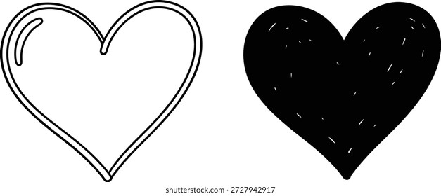 La Imagen muestra dos Formas de corazón dibujadas a mano, una delineada con tinta negra y la otra con tinta negra sólida sobre un fondo blanco limpio.