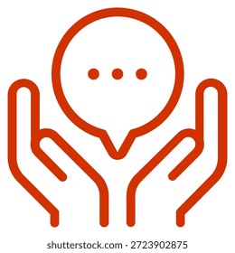 La Imagen muestra dos manos sosteniendo una burbuja de discurso con tres puntos dentro, ilustrados en un estilo de arte lineal limpio. La burbuja del habla representa la comunicación, el diálogo o el Comentarios, mientras que las manos simbolizan la Asistencia, el cuidado o la asistencia. Este ícono comúnmente representa Asistencia al cliente, consulta, Comentarios o comunicación guiada.