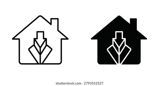 The image shows two house icons side by side, each containing an arrow. The left house has a downward arrow, indicating a decrease in value or price, while the right house has an upward arrow within a black silhouette, suggesting an increase in value or price. This visual contrast is often used to illustrate market trends or price changes in real estate.