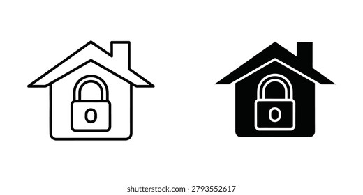 The image shows two house icons with a lock symbol on the door. The left house icon is outlined in white on a light background, while the right house icon is filled in black with a white outline. Both locks have a circular keyhole and are centered on the door, symbolizing security and protection for homes in different design styles.
