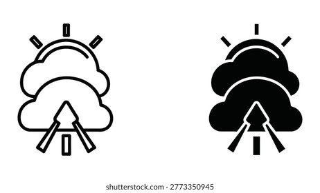The image shows two icons representing weather conditions combined with cell tower symbols. The icon on the left depicts clear weather with a cloud and sun, while the icon on the right illustrates stormy or rainy weather with a darker cloud and rain lines. Both icons include a cell tower symbol at the bottom, indicating connectivity or signal issues under different weather conditions.