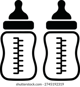 The image shows two identical baby bottles with black nipples and measurement markings on the side. The bottles are standing upright and are identical in design.