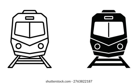The image shows two identical train icons facing each other, one in black and white line art and the other fully black, both positioned on railway tracks. The design highlights the front view of the trains with headlights and windows clearly visible.
