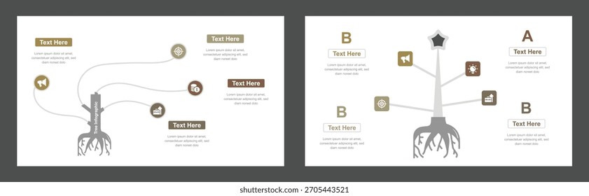 Image shows two infographic templates with business icons, text boxes, and stylized tree diagrams with roots. One template features point names 'A' and 'B' on a white backdrop.