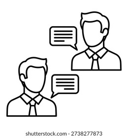 The image shows two men dressed in formal business attire including dress shirts and ties conversing with each other each accompanied by a speech bubble indicating they are speaking