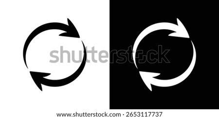 Image shows two nearly circular arrows, one black on white and one white on black. They indicate circular, bidirectional flow in an elegant, minimalist design.