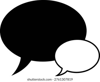 The image shows two overlapping speech bubbles, one black and one white, symbolizing a conversation or dialogue between two speakers. The black bubble is larger and positioned behind the smaller, white one, creating a visual effect that highlights communication or exchange of ideas.