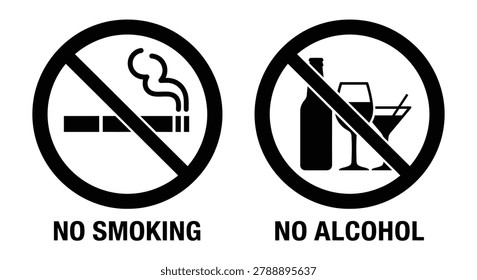 the image shows two prohibition signs: no smoking and no alcohol, depicted in a clear black silhouette style against a white background.
