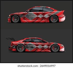 The image shows two red and gray racing cars with a diamond pattern, presented against a dark gray background.