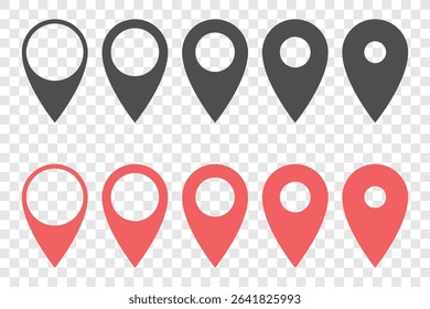The image shows two rows of location icons, in grey and red. They look like stylized map pins or markers on a transparent background. Pointing downward, navigation concept.