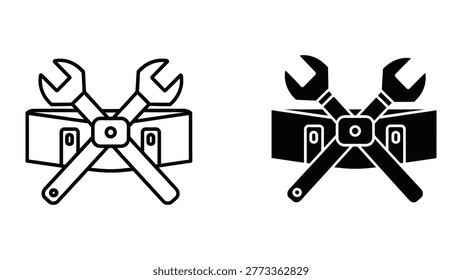 The image shows two sets of wrenches tightening a bolt. The left side features a traditional, light-colored depiction of two open-end wrenches and a box wrench, while the right side displays a modern, bold black-and-white version of the same tools. The illustration emphasizes the classic versus contemporary design styles in tool representation.