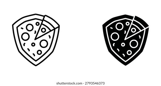 The image shows two shield designs that incorporate pizza as their central theme. The shield on the left has a white background with a pizza illustration featuring pepperoni toppings, while the shield on the right has a black background with a similar pizza design. Both shields have a stylized, slightly three-dimensional look with a slice cut out from the pizza.