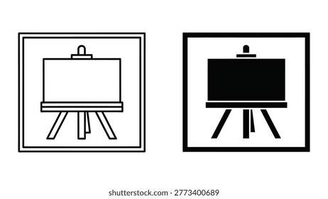 The image shows two side-by-side illustrations of a presentation easel. The easel on the left has an empty white board, while the easel on the right has a solid black board, indicating a filled or occupied state. Both easels have similar structures with a clamp at the top and three legs.