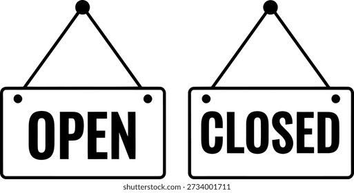 A imagem mostra dois sinais, um rotulado 'OPEN' e outro 'CLOSED', pendurado lado a lado, normalmente usado para indicar o status operacional de uma empresa.