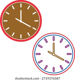 Uma imagem mostra dois relógios analógicos simples, cada um com uma borda de cor e hora distintas.
