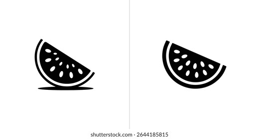 A imagem mostra dois ícones pretos simples de fatias de melancia com sementes, contra um fundo branco nítido. Um ícone projeta uma leve sombra para a profundidade.