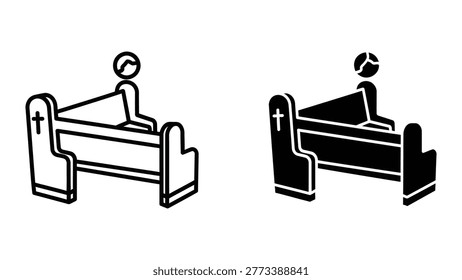 The image shows two simple illustrations of individuals kneeling and praying in church pews. The left figure is depicted in a light-colored pew with a circular head symbol, while the right figure is shown in a darker, more enclosed pew with a segmented head symbol.