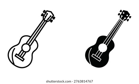 The image shows two simple, stylized line drawings of guitars. On the left is a classical guitar with a rounded body, a sound hole, and six strings leading to a tuning peghead. On the right is an electric guitar with a solid body, a pickguard, and six strings attached to a headstock with tuning pegs, depicted in black and white contrast for emphasis.