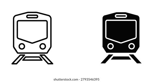 The image shows two simplified line drawings of a tram or light rail vehicle. The tram on the left is in a white outline, while the one on the right is filled in black, both featuring a large windshield, small front lights, and a basic undercarriage structure. The trams appear to be facing forward and are depicted in a minimalist style.