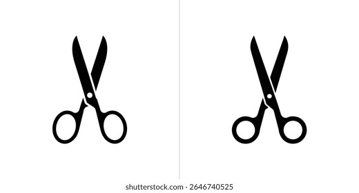 A imagem mostra dois ícones de tesoura preta sólida, ambos com lâminas abertas e orifícios para os dedos arredondados, posicionados sobre um fundo branco limpo. Ativo de design útil, elemento gráfico.