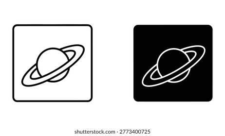 The image shows two square icons featuring a simple line drawing of a planet with prominent rings. The left icon displays the drawing on a white background with a thick black border, while the right icon shows the same drawing on a black background with a white outline, creating a stark contrast between the two versions.