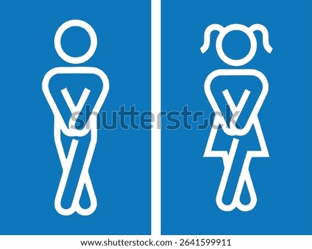 The image shows two stick figures (a boy and a girl) standing with crossed legs and hands in front, both clearly needing to use the restroom urgently
